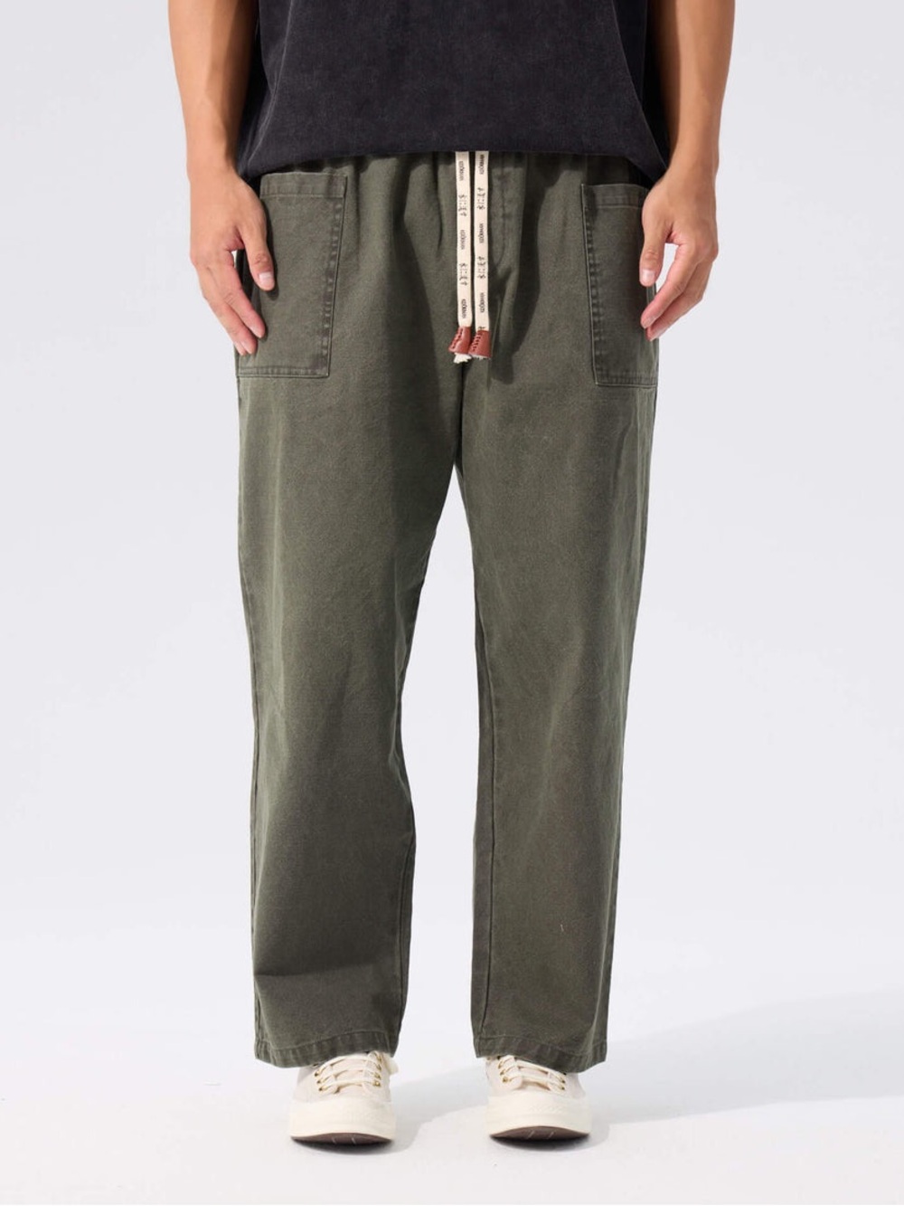 Kidorima Pokku Grey Green Drawstring Cotton Casual Pants